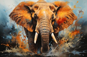 Colorful painting of a elephant with creative abstract elements as background