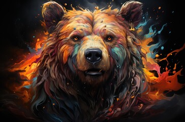 Colorful painting of a bear with creative abstract elements as background