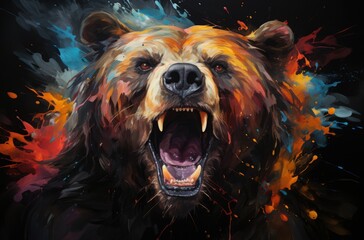 Colorful painting of a bear with creative abstract elements as background