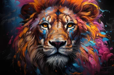 Foto auf Acrylglas Colorful painting of a lion with creative abstract elements as background © loran4a