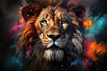 Colorful painting of a lion with creative abstract elements as background