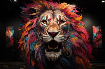Fototapeten Colorful painting of a lion with creative abstract elements as background © loran4a