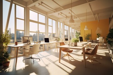 Contemporary workspace flooded with sunlight - trendy office. Generative AI