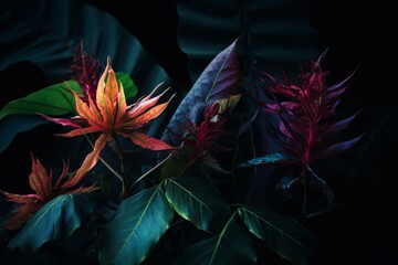 Vibrant exotic foliage against a dark backdrop. Generative AI