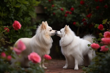 Two cute pomeranian spitz dogs together in rose flowers garden	