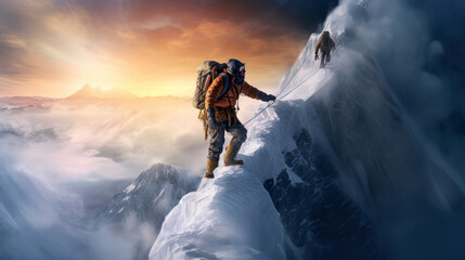 A man is climbing a tall snow mountain - obrazy, fototapety, plakaty
