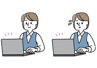 パソコン作業をしている会社員の女性のイラストセット