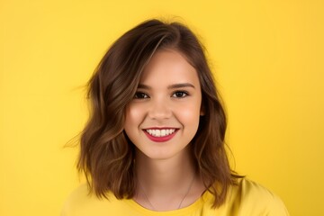 Joyful Facial Expression. Beautiful Fictional Brunette Model Portrait Isolated on a Colored Background. Generative AI.