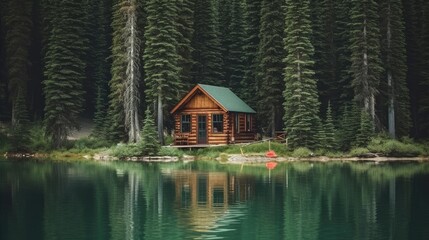 Fototapeta premium The cabin is in front of the woods by the lake, AI generated