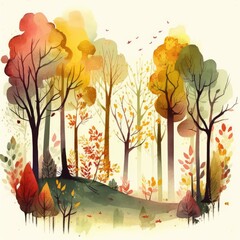 Watercolor autumn trees, AI generated