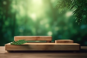 A wooden product display stand in front of a green plant background