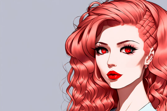 Anime face. Cartoon girl character. Female cartoon characters. Colorful anime illustration. Poster with anime girl. Illustration of young woman for social network design. Avatar social network.