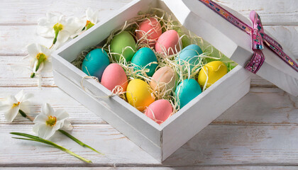 Obraz na płótnie Canvas White wooden gift box with colorful Easter eggs painted in pastel colors. Top down view.