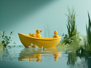 AI generated illustration of two rubber ducks in a yellow boat surrounded by lush aquatic vegetation
