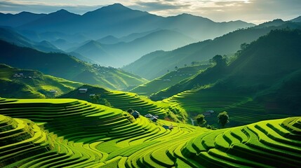 AI generated illustration of a lush green rice field situated in a mountainous region - obrazy, fototapety, plakaty
