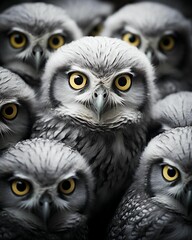 a bunch of owls with large eyes standing together in a group