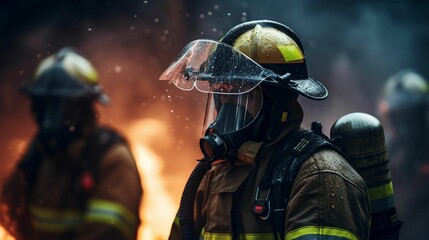 a group of fire fighters are standing by the flames in the dark