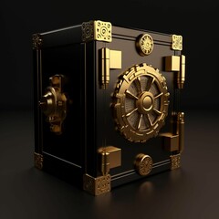 a gold and black metal safe door is open on a dark surface - obrazy, fototapety, plakaty