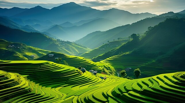 AI generated illustration of a lush green rice field situated in a mountainous region