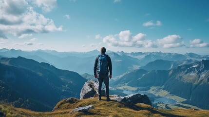 AI generated illustration of a man at the top of a hill, admiring the mountain range in the distance - obrazy, fototapety, plakaty