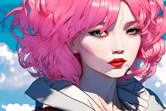 Anime face. Cartoon girl character. Female cartoon characters. Colorful anime illustration. Poster with anime girl. Illustration of young woman for social network design. Avatar social network.