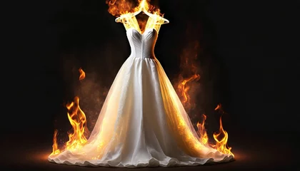 Papier Peint Lavable Feu Burning new wedding dress in a fire flame on a dark background. The concept of a upset wedding, a canceled holiday