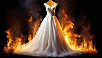 Deurstickers Burning elegant wedding dress in a fire flame on a dark background. The concept of a upset wedding, a canceled holiday © top images