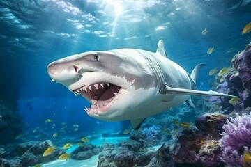 Shark underwater. Background with selective focus and copy space