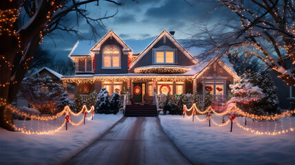 House with Christmas Decorations on a Snowy Evening, Festive Atmosphere, High-Quality 4K
