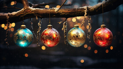 four christmas balls hang on a branch with lights
