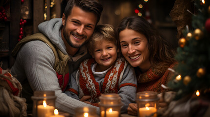 Obraz na płótnie Canvas A high-resolution 4K portrait Portrait of a Young, Happy and Smiling family on Christmas Holiday at Home cherishing the moment with a heartfelt selfie with little daughter.