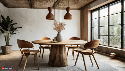 Chairs around rustic round wood dining table. Japandi interior design of modern dining room