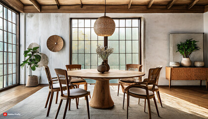 Chairs around rustic round wood dining table. Japandi interior design of modern dining room