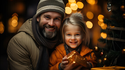 A high-resolution 4K portrait Portrait of a Young, Happy and Smiling family on Christmas Holiday at Home cherishing the moment with a heartfelt selfie with little daughter.