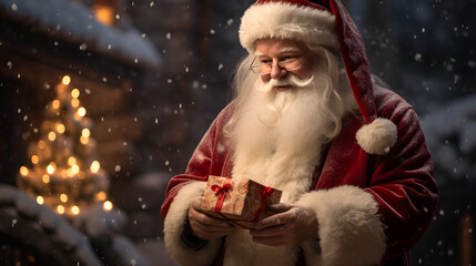 An HQ Photo of Santa Claus Giving Christmas Gifts. Heartwarming and Happy moment
