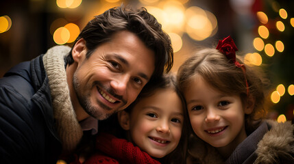 A high-resolution 4K portrait Portrait of a Young, Happy and Smiling family on Christmas Holiday at Home cherishing the moment with a heartfelt selfie with little daughter.