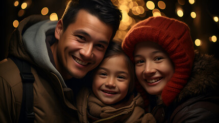 A high-resolution 4K portrait Portrait of a Young, Happy and Smiling family on Christmas Holiday at Home cherishing the moment with a heartfelt selfie with little daughter.