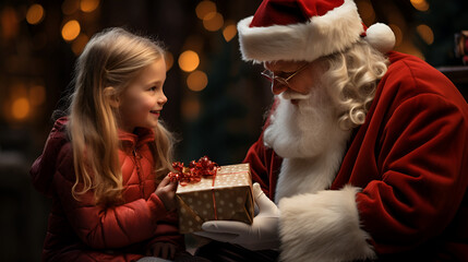 An HQ Photo of Santa Claus Giving Christmas Gifts to a young excited and smiling child. Heartwarming and Happy moment