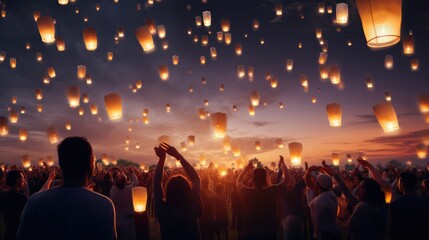 During the Lantern Festival in Asian countries, many people are setting off lanterns to pray for blessings - obrazy, fototapety, plakaty