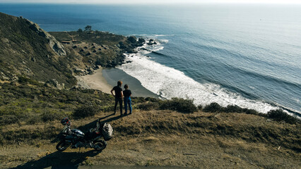 Aerial view of couple on the Stinson Beach area of the Pacific Coastline, Marin County, north San Francisco bay area, California