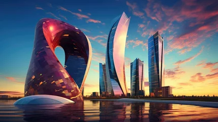 Zelfklevend Fotobehang Beautiful modern big city business buildings sunset scenery © evening_tao