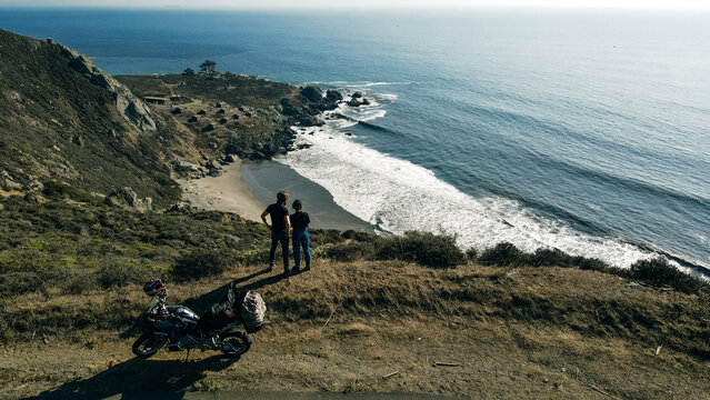 Aerial view of couple on the Stinson Beach area of the Pacific Coastline, Marin County, north San Francisco bay area, California