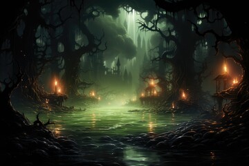 Cursed swamp with will-o'-the-wisps.