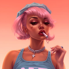 portrait of a woman with curlers smoking