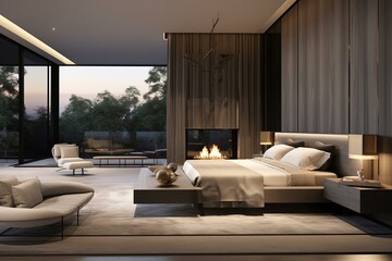 A lavish bedroom with a large bed in California, featuring modern design for upscale residential architecture and lifestyle. Generative AI