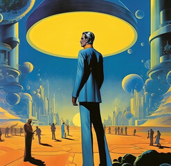 man in the city illustration blue and yellow