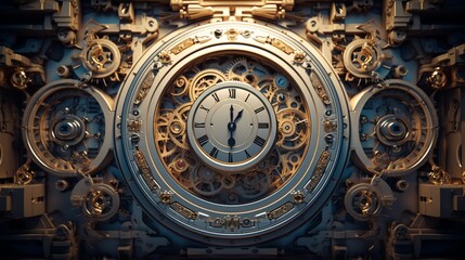 A 3D frame resembling an intricate clock mechanism, frozen in time. - obrazy, fototapety, plakaty