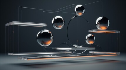 A futuristic 3D frame with levitating spheres, defying gravity.