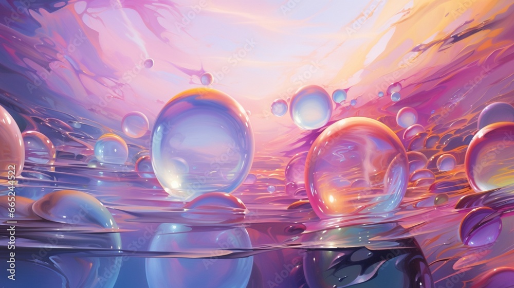 Wall mural craft a 3d abstract space where translucent orbs float in a sea of shimmering, iridescent mist.