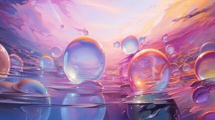 Craft a 3D abstract space where translucent orbs float in a sea of shimmering, iridescent mist.